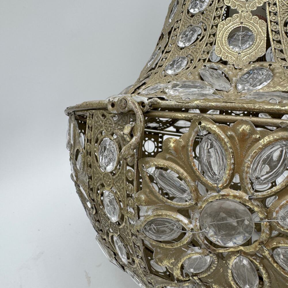 Hanging Chandelier Light Clear Crystal Pendant Antique Gold and Beads